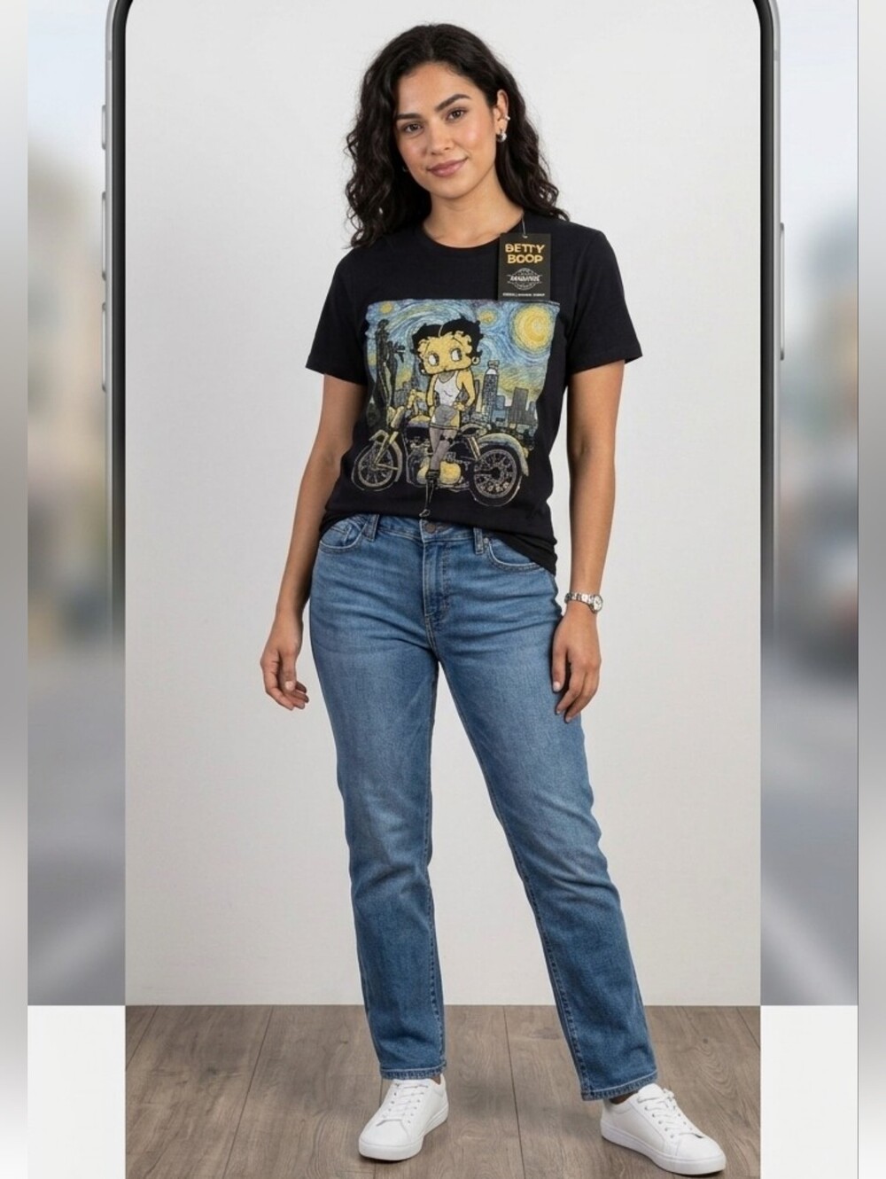 BETTY BOOP Starry Night Van Gogh Motorcycle Cropped T-shirt